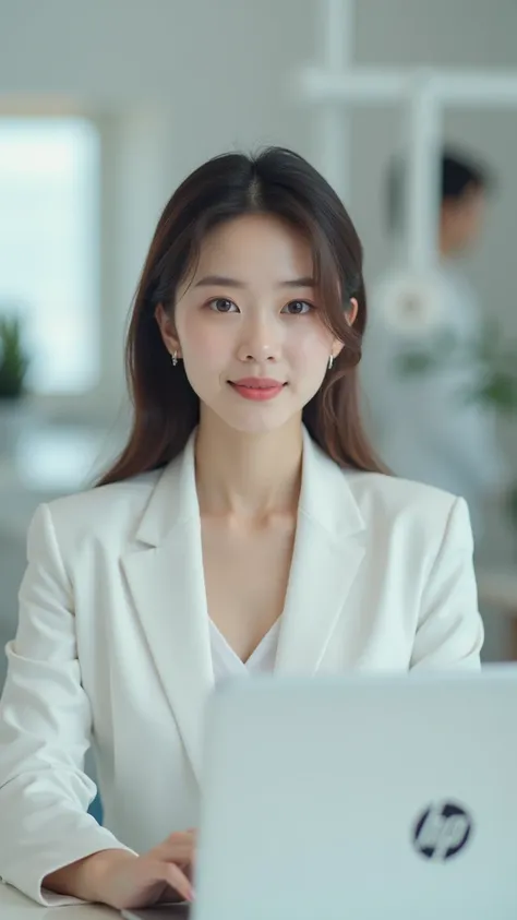 korean brunette, Puffy cheeks, white skin, brown fine eyes, nose, And lips , Wear a white work suit,  sitting in her office, Using her computer , HP computer looking at the viewer, visual level image. Background is white dental room(Face Paint,4K,8k,high r...