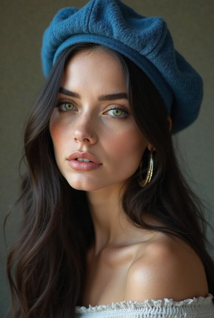 Create a front photograph that is as photorealistic as possible of a girl with Ukrainian features. She must have green eyes and long hair, suave, smooth and black. You must have a blue Parisian beret and big hoop earrings. She must have sensual and full li...