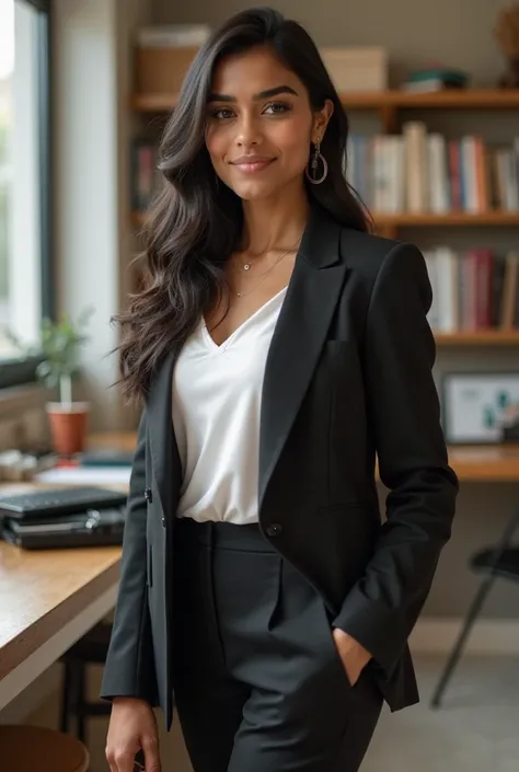 Create an AI-generated image of a techy nerdy good looking lady in a study room. The person is dressed in a formal yet modern outfit, featuring a black blazer and a white top. She is an indian American with father from India and mom american. The scene sho...