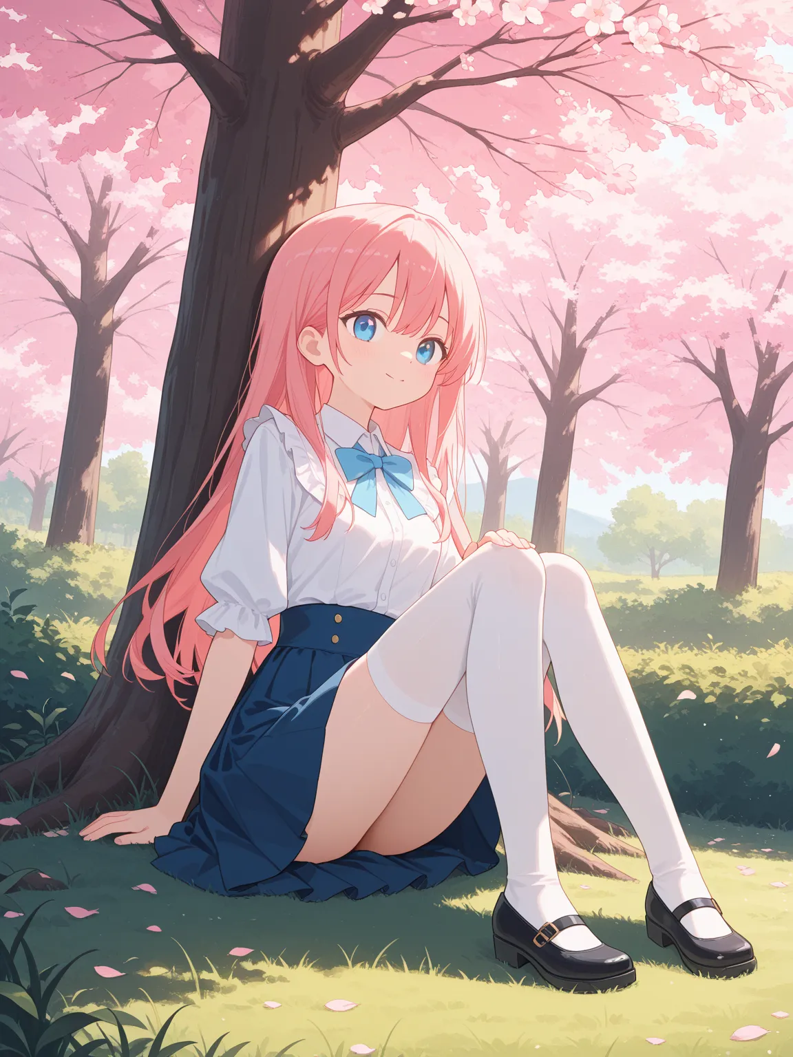 Anime girl with short pink hair and blue eyes