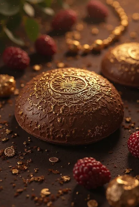 A chocolate that shines in gold and has Carthage drawings on it