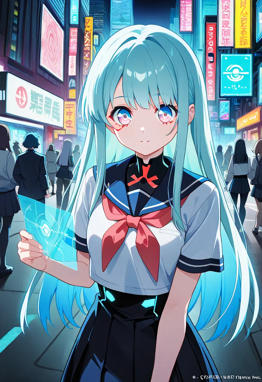 "A futuristic and cybernetic 20-year-old anime girl with glowing neon-blue highlights in her long, straight hair, wearing a high-tech version of a sailor uniform, infused with metallic elements and sleek holographic details. She stands confidently in the m...