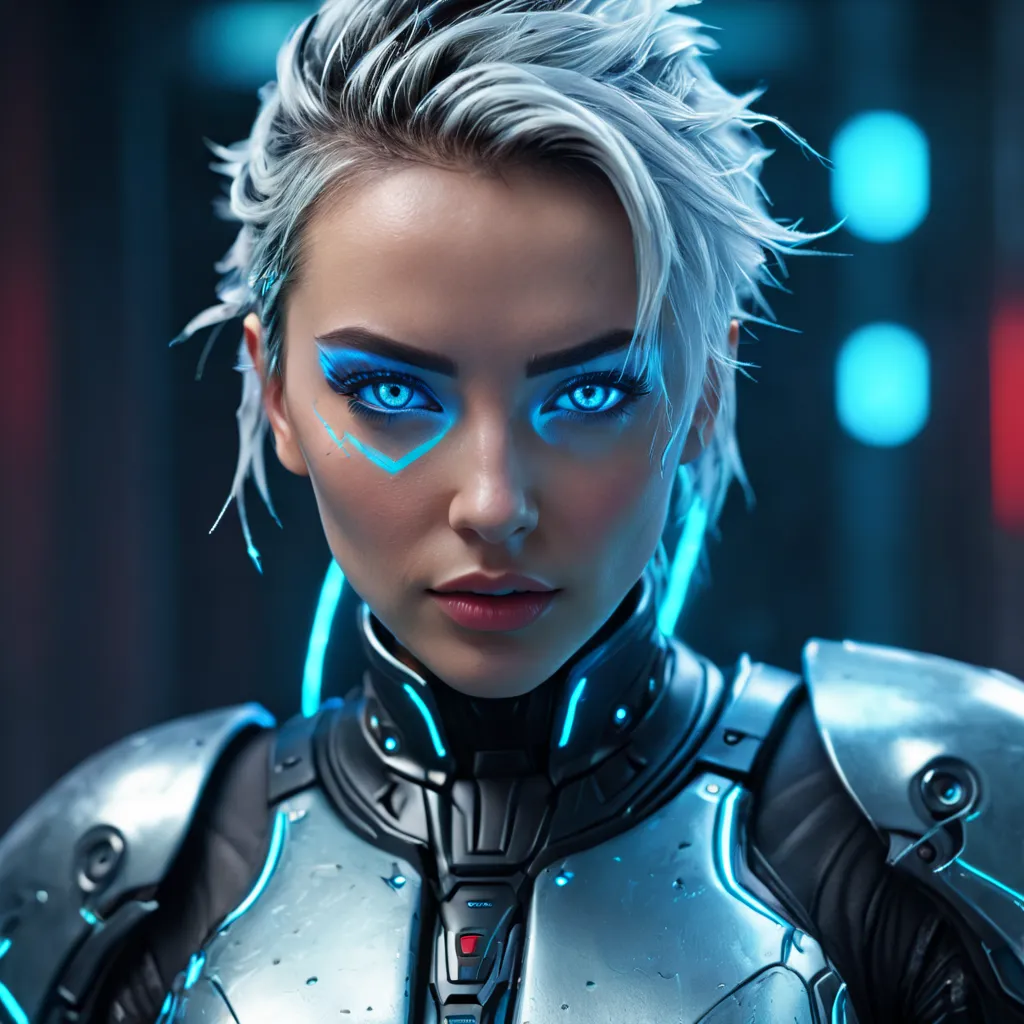  WOMAN'S FACE powerful armor, sharp look,
Freeze,  calls , Perfect details , ( best quality , 4k,
 high resolution,  masterpiece :1.2),  ultra detailed ,
 realistic :
1.37, HDR-10,  Studio lighting ,   Bright colors  , ( cyberpunk ,
 futuristic face )  sty...