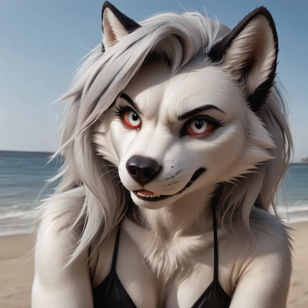 Loona furry with beautiful detailed eyes, beautiful detailed lips, extremely detailed face, long eyelashes, wearing black bikini, on the beach, A very angry Loona leans over to the viewer and points down with her finger, (best quality,4k,8k,highres,masterp...