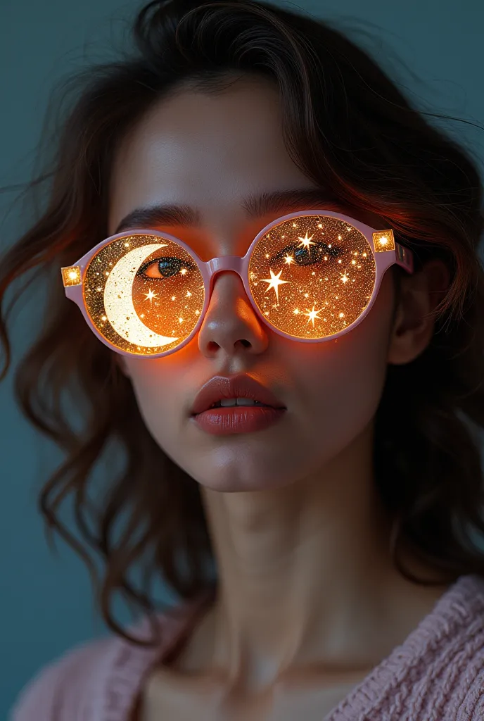 The model is wearing sunglasses with stars and the moon on the glass.