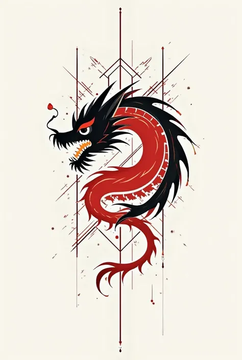 Make a tattoo sketch in red and black tones in minimalism with an unpainted dragon around which there are different lines without a circle