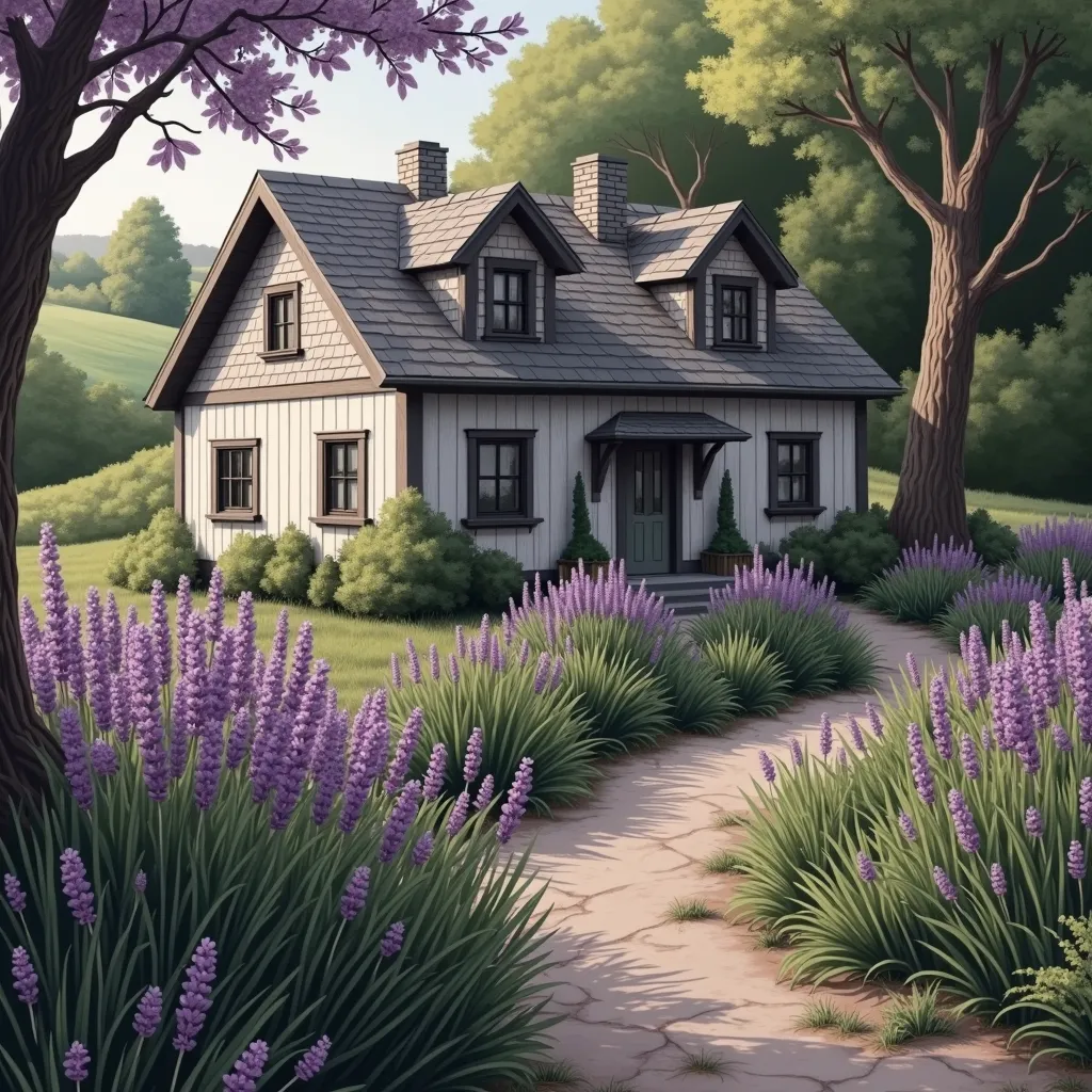 line drawing of a lavender themed cottagecore home