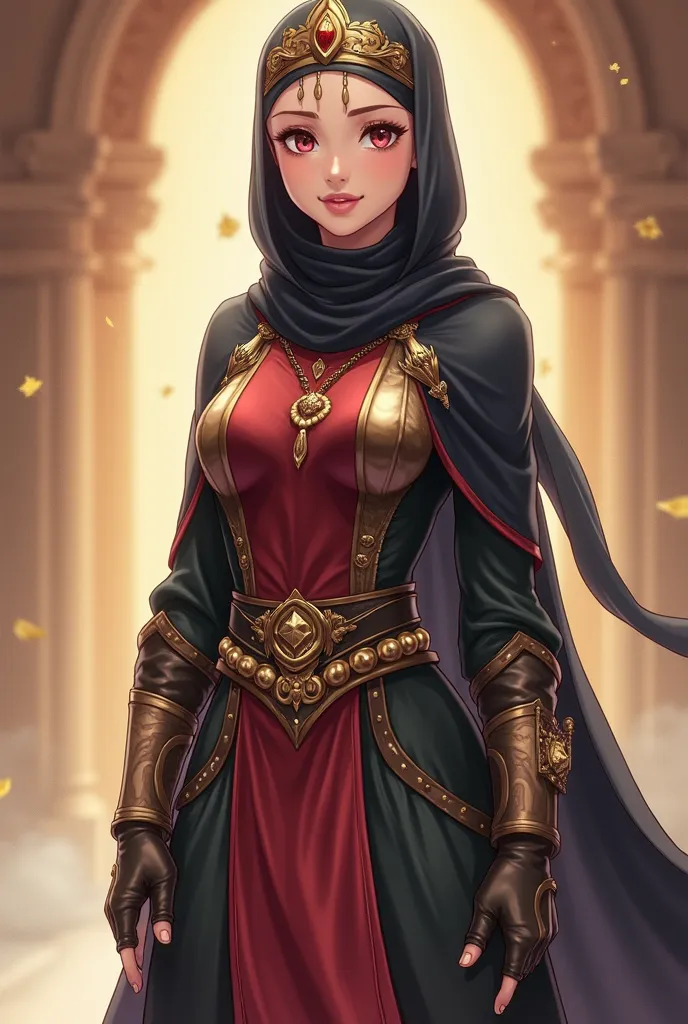 A mesmerizing mature anime princess with a flawless figure with big breasts and hot sexy body is dressed in a warrior-inspired princess gown. She wears a sleek Arabic-style hijab, elegantly complemented by a golden necklace. Completing her majestic look, s...