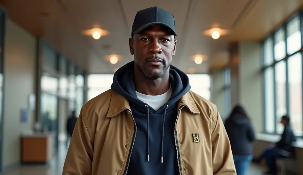 A detailed and realistic image of Michael Jordan, standing upright and his body facing the camera directly in a modern banking setting. He is wearing a dark baseball cap, a beige bomber jacket over a navy hoodie and a white undershirt. His body remains upr...