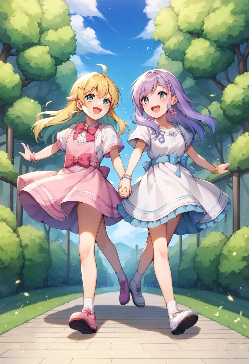 Two female characters, one pink hair one white hair, , Wear cute style clothes,  Smile brightly.blue background and green background will still walk together, Walking hand in hand.anime style.