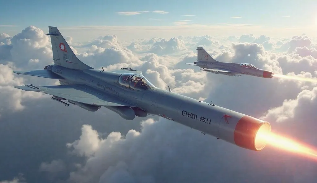 . Kinzhal Hypersonic Missile
"A highly detailed image of a Russian Kinzhal hypersonic missile being launched from a fighter jet. The missile is moving at incredible speed, with a glowing heat trail behind it. The jet, possibly a MiG-31, is seen in the back...