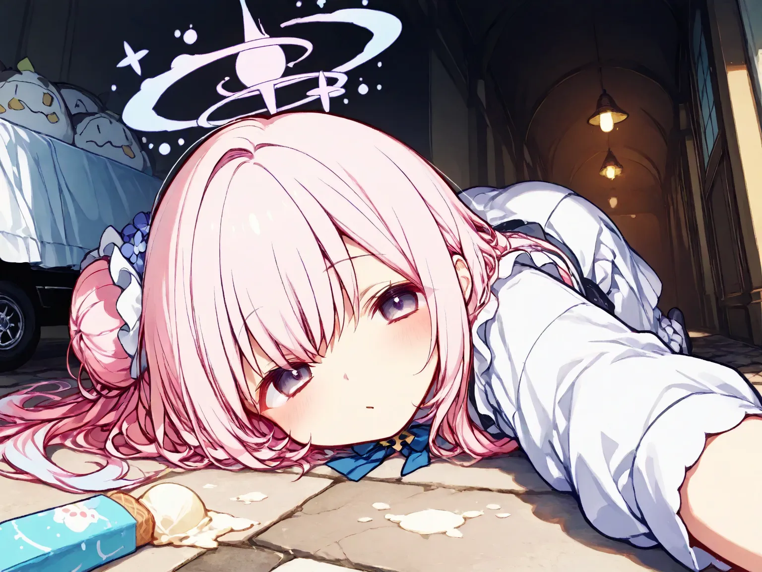 trk,chibi anime art,chibi anime art,Komeshiro Kasu style,

Cute chibi 1girl\(mika \(blue archive\,><,lying on stomach,Bending knees, reaching front\),

ice cream fallen in the her front,juice spilled on floor,Melted ice cream spreads on the ground,

wide s...