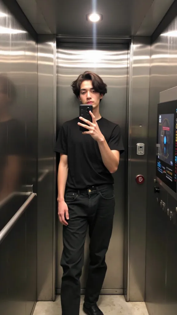 A person wearing black clothing is seen inside a metal elevator.

The scene is a selfie taken inside a modern elevator. The person is centered in the frame, and the image appears to be a reflection taken from a smartphone held by the person in the elevator...