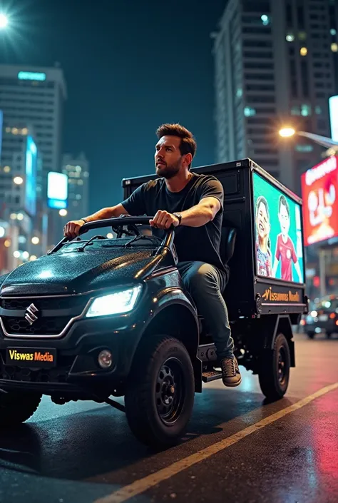 Football legend Lionel Messi, wearing a stylish casual outfit, is confidently driving a black Maruti Super Carry vehicle customized with a large LED display screen. The LED screen is brightly lit, showcasing colorful advertisements for Viswas Media. The Vi...