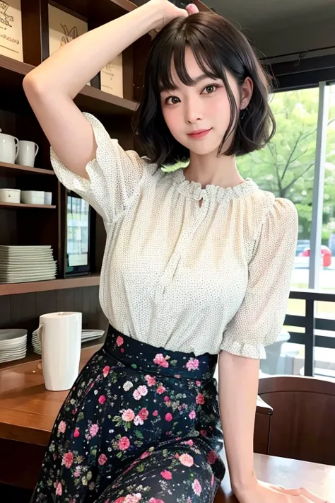 (High Definition), Lady, Japan Person, Cute, Black Hair Short, wearing Floral Dot Print Round Neck Short Bubble Sleeve Blouse, Flair Long Skirt Solid Color,Trad Style For Female,  Glance, Arms Up & Setting Hair, Straddling a Stool, At Hotel Classic Counter...