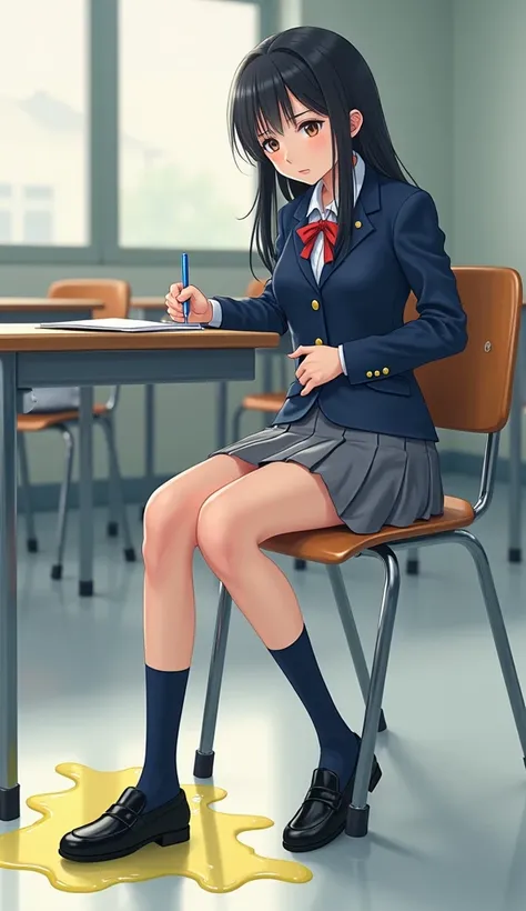 navy blue blazer with gold buttons on a white shirt, red ribbon on the chest,Gray pleated skirt that seeps out of water,navy blue high socks,Black school loafers,black hair long hair,Neat Lady ,beauties,Get urinary incontinence while sitting on a classroom...