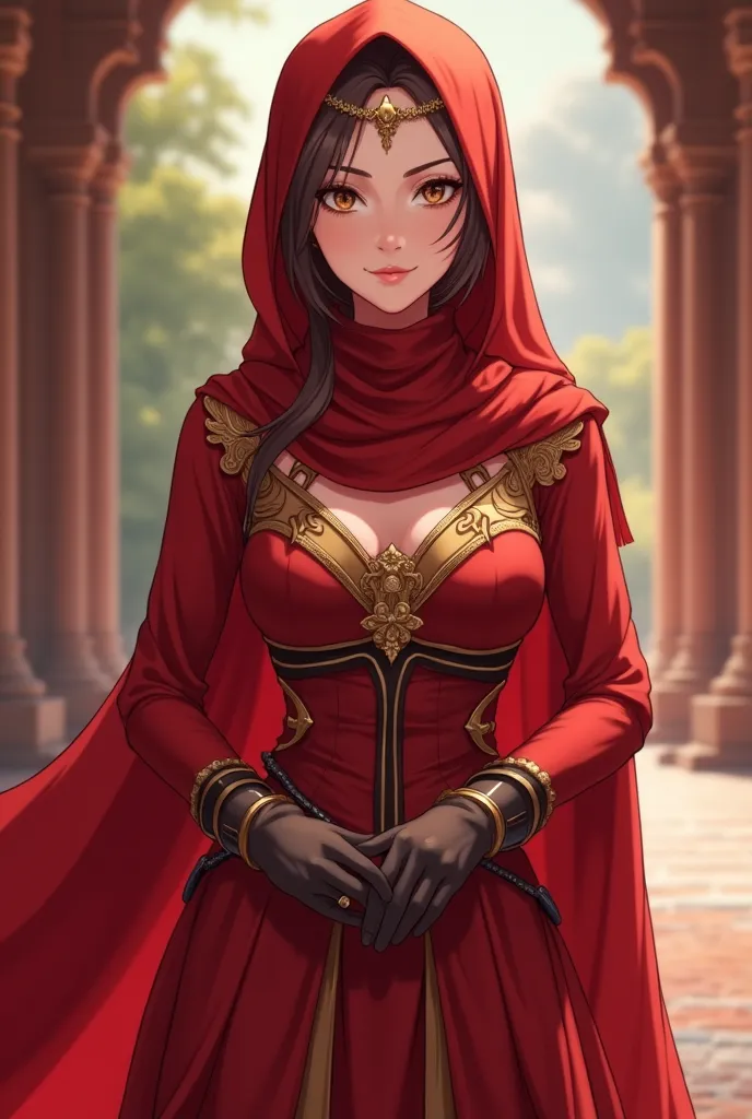 A mesmerizing mature anime princess with a flawless figure with big breasts and hot sexy body is dressed in a warrior-inspired princess red gown. She wears a sleek Arabic-style hijab, elegantly complemented by a golden necklace. Completing her majestic loo...