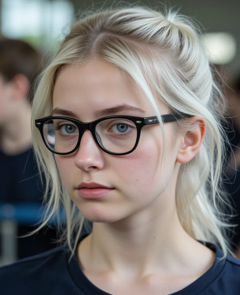 (closeup-body:2.5), sixteen-year-old girl, (sitting:0.4), From Ireland, (chubby:0.68), (sky blue eyes),  messy , (white gray hair), ponytail, candid pose, Head tilt downwards. Very cute little stub nose that points strongly upwards,  pale white skin , (rea...