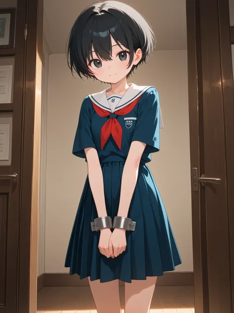 An anime girl has very short hair, her eyes are black and she wears a short school dress