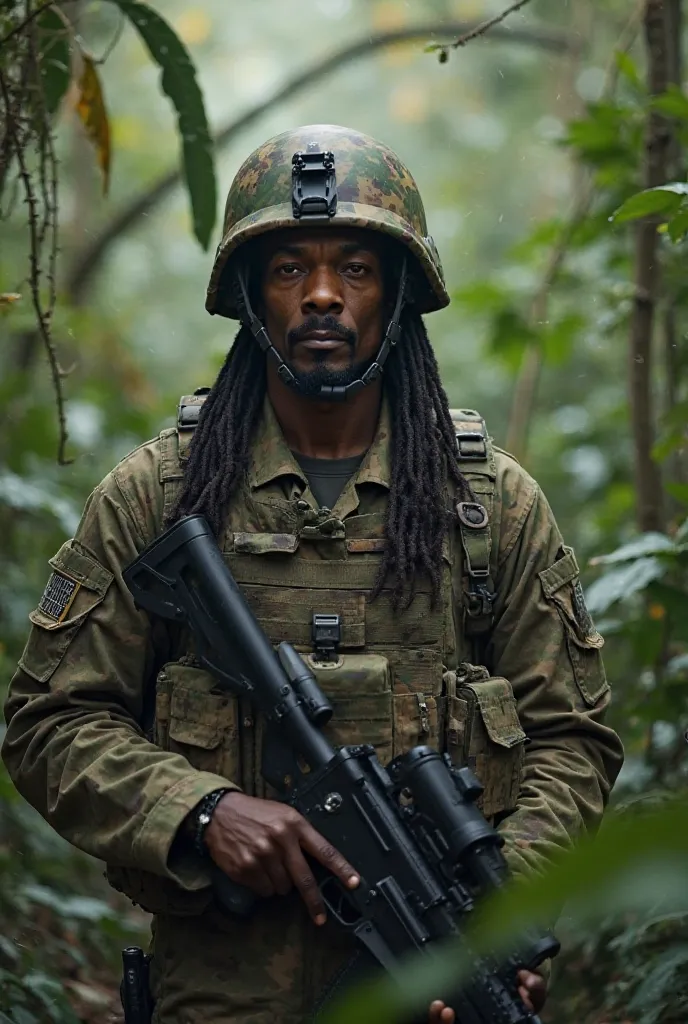 Snoop dogg, clad in military gear, his face set in determination, moved silently through the dense jungle. The weight of his rifle was steady in his grip as he navigated the thick undergrowth, every step calculated. His helmet shielded him from the heat, b...