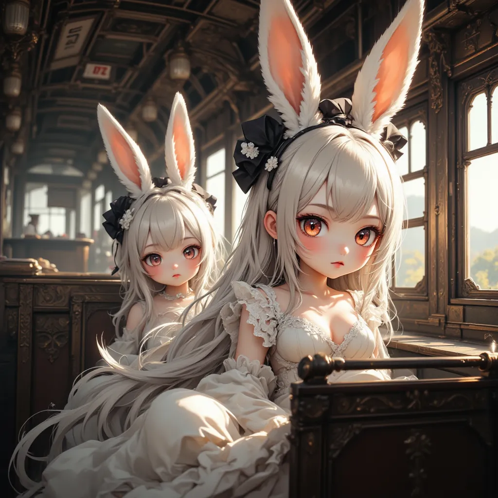 girls\( chibi,cute, cute,  half up long white hair , bangs,  Fluffy White Rabbit Ears ,  very elaborate, big, beautiful, sparkling red eyes,  white skin,  big black hair bow , Delicate white embroidered dress with white ruffles, breast\)  traveling on an o...