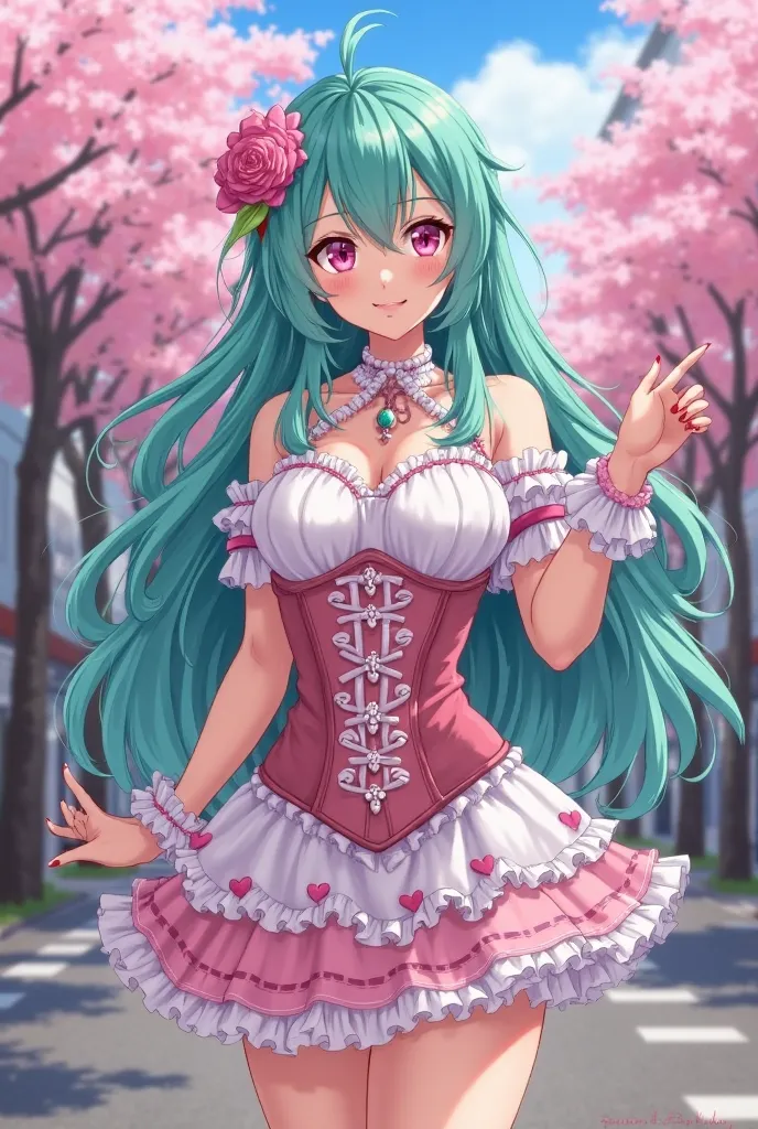 A digital anime-style pic of a busty chick with long teal hair, rocking pink peepers and a pink flower hairpiece. She's decked out in a frilly, white and pink getup with a corset, standing in a bustling city street with cherry blossom trees all around.