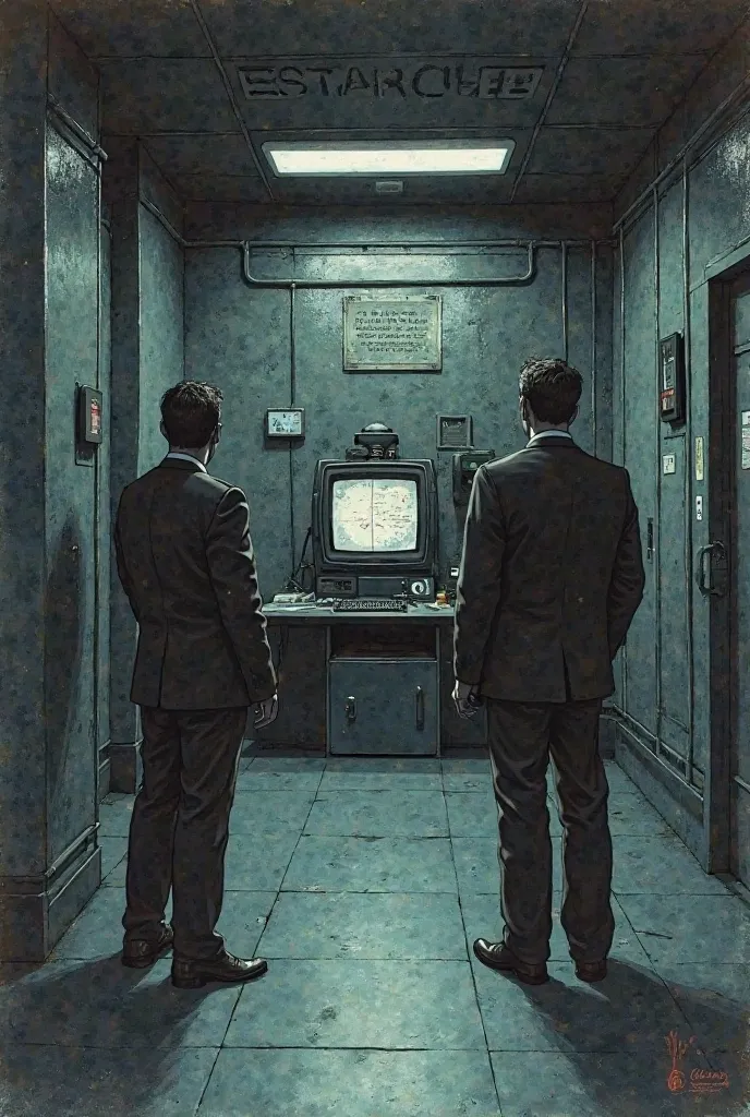 Draw this scene from the novel 1984 where they are in a dark and long corridor, “They were standing in front of a telescreen. Somewhat absent-mindedly O'Brien felt two of his pockets and then produced a small leather-covered notebook and a gold ink-pencil....