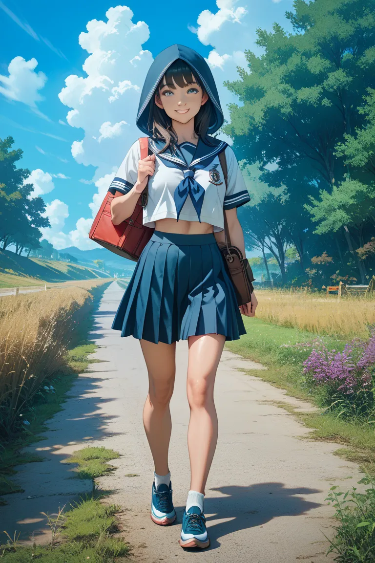 Japanese woman with short black bob, natural smile ,sailor suit,Knee-length skirt,I have a bag,Athletic build,Detailed skirt pleats,Summer in Japan,deep blue sky, country road, weeds are growing,hood boy and leaving school,