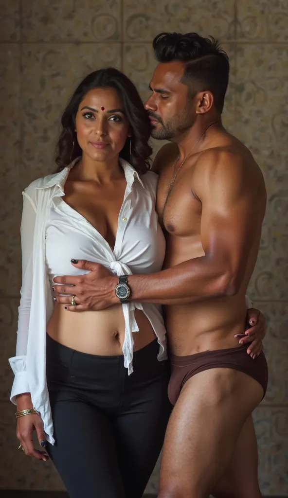 Two people.A 45 year old indian woman. She is indian. She is voluptous woman.. Thick structure.Big boobs, meaty ass. She is married. She has bindi and sindoor on forehead. She is wearing white colour shirt and black pant. The shirt and pant is tight..  Hug...