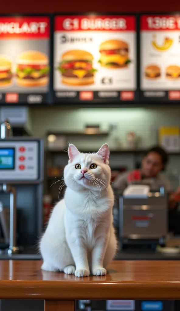 A white cat sitting on the counter of a fast-food restaurant, positioned in front of a cash register screen. The background features a menu board displaying images of burgers and text, with a kitchen area visible behind it. The restaurant has a warm lighti...