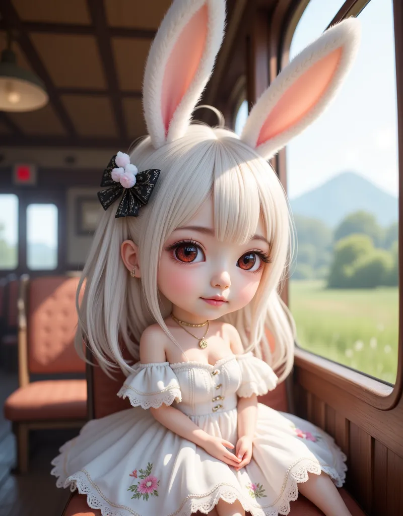 girls\( chibi,cute, cute,  half up long white hair , bangs,  Fluffy White Rabbit Ears ,  very elaborate, big, beautiful, sparkling red eyes,  white skin,  big black hair bow , Delicate white embroidered dress with white ruffles, breast\)  traveling on an o...