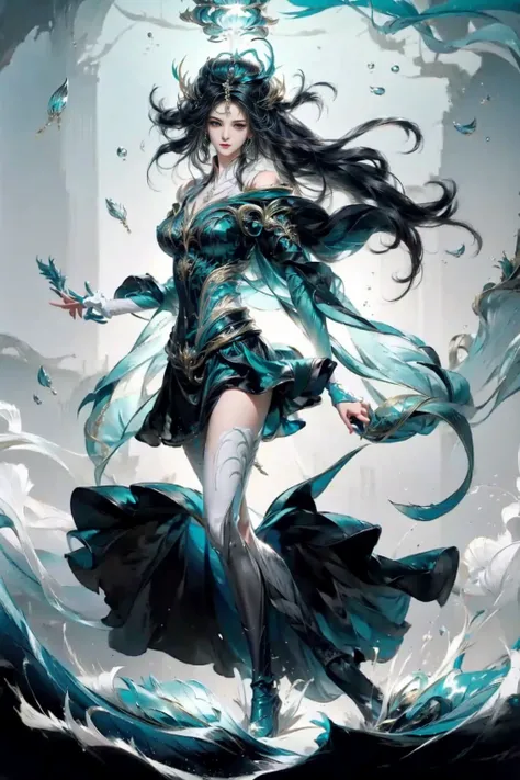  A Beautiful Woman ，with long, layered aqua blue hair, exquisite facial features,  melancholy expression,  with exquisite bright eyes , Very charming, A slender and graceful figure dancing like a splash of water in the wind, Gorgeous fantasy style islander...