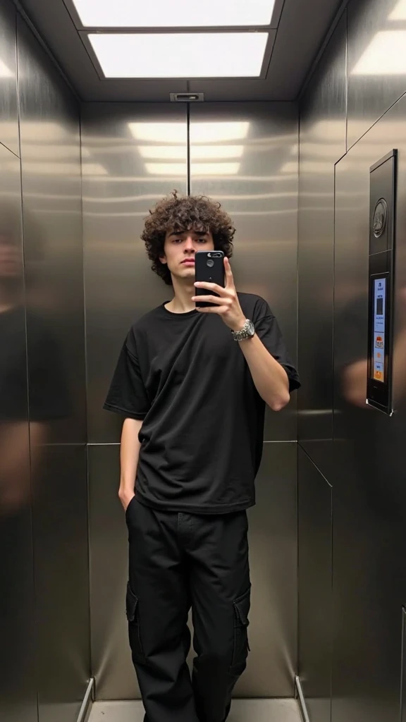 A person wearing black clothing is seen inside a metal elevator.

The scene is a selfie taken inside a modern elevator. The person is centered in the frame, and the image appears to be a reflection taken from a smartphone held by the person in the elevator...