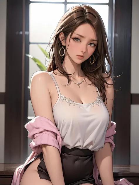 A stylish and confident Japanese gyaru woman with long, wavy brown hair, giving a subtle yet alluring smile. She wears a trendy and slightly sexy gyaru outfit: a delicate, silky camisole that highlights her collarbone, paired with a chic high-waisted mini ...