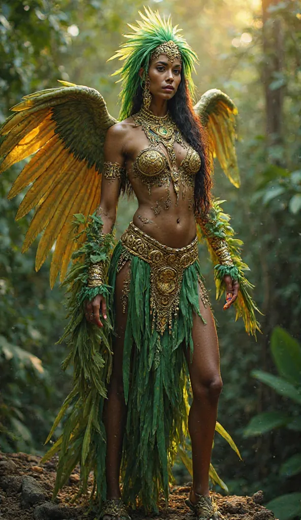 "A stunning fusion of an indigenous Amazonian woman and a majestic green-gold parrot. Her body is adorned with iridescent green feathers that blend seamlessly into golden tribal patterns. She has elegant, lightweight wings extending from her back, and her ...