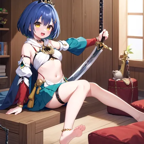 1girl, solo, breasts, looking at viewer, smile, short hair, open mouth, bangs, skirt, hair ornament, holding, hair between eyes, bare shoulders, jewelry, medium breasts, sitting, blue hair, full body, yellow eyes, weapon, :d, thighs, small breasts, detache...