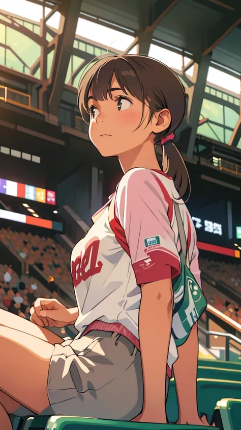 Young Asian woman, mid-20s,  observing a baseball game in a stadium.  She is dressed in a vibrant pink and pastel-colored baseball-style top with printed design;  detailed, colorful graphics and text.  The top showcases a multi-colored, abstract pattern an...