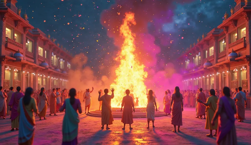 The Contrast of Holi Celebrations

A cinematic 3D cartoon-style scene depicting a split-screen view: On one side, North India’s Holi is shown with people joyfully throwing bright gulal, a grand Holika Dahan bonfire blazing in the night, and devotees chanti...