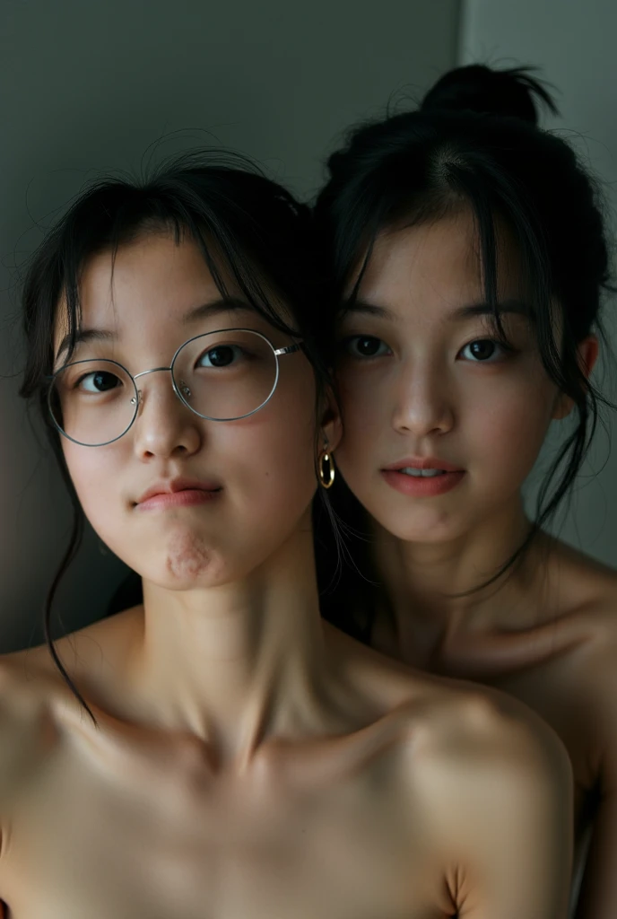 Naked Asian women,not wearing glasses,look straight ahead,an expression of pain