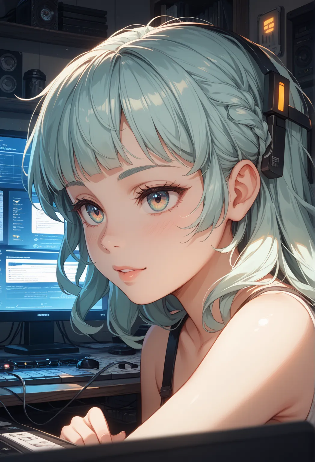 night、girl listening to music in her cozy room,  close-up of the face of a , 2D-style animation,  lo-fi, Disk drives, Dark Environment