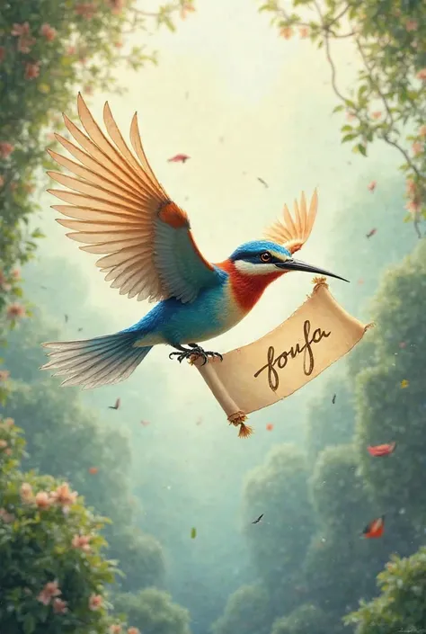 I want a picture with the word FOUFA written on it. A beautiful bird will carry it. 