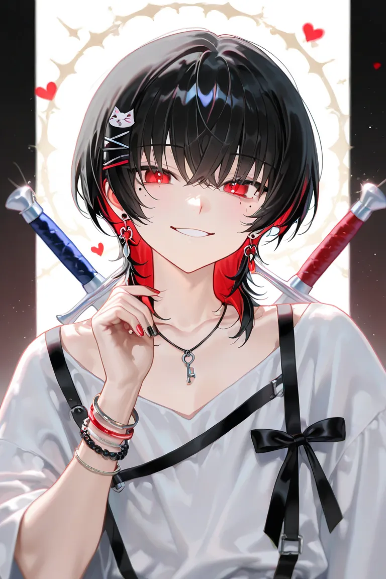 boy、 black hair、wolf cut、1 person、White inner color、Black Nails、red nails 、White nails 、Bachi bachi earrings、 teardrop bags、Tear mole、 black ribbon、 hairpins、 heart、key、smile、sling、has poor eyesight、beautiful、necklaces、bracelet、collarbone、Little Devil、 red...