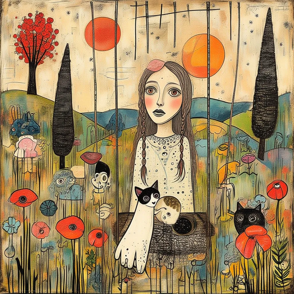  Illustration, stylized figures, hand-drawn ink zentangle and bleach stains mixed with messy oil brushstrokes.  A woman, long braids, big sweet watery hazel eyes,sweet and melancholy. is sitting on a swing and playing with her many cats, which she strokes ...