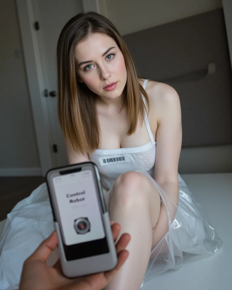  Close-up of the face of a beautiful mature maid woman, Swedish woman with white skin and silky straight brown hair with  a thin face,  tilts her head facing forward ,  in a seated position bending her legs , is covered with clear plastic and a barcode lab...