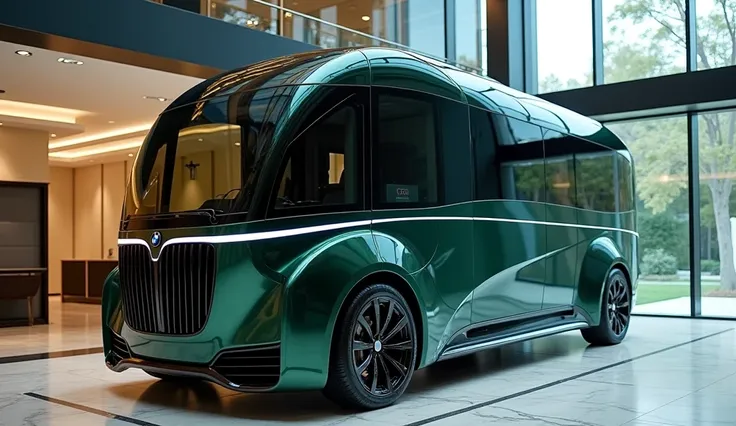 "A futuristic 2026 BMW Motorhome Truck in a sleek dark green color, showcased in a high-end luxury showroom. The vehicle features BMW's signature design elements, including a bold ney grille, advanced LED lighting, and an aerodynamic body. The showroom has...