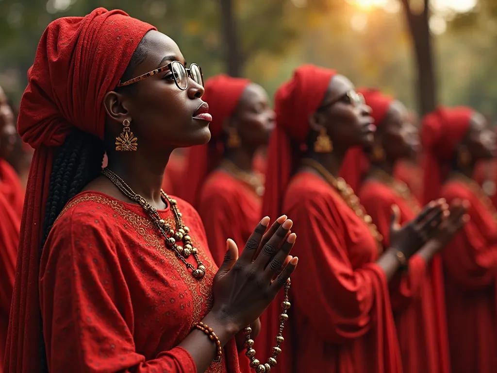 femme africaines qui porte des luenette de vue entrain de priere le chapelet habiller en rouge