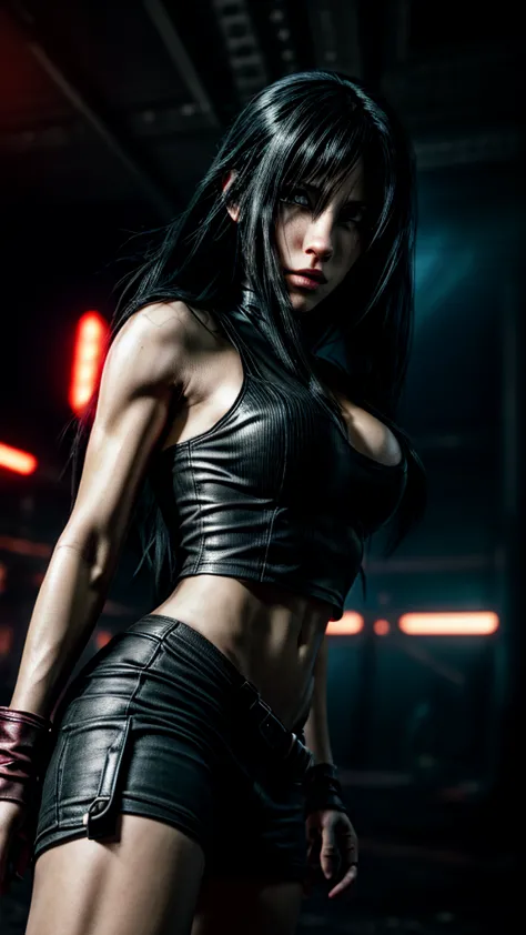 realistic photo of Tifa Lockhart with her red eyes and long black hair, detailed facial features, serious expression, body in dynamic action pose, highly detailed cyberpunk city background, neon lighting, volumetric fog, dramatic lighting, 8K, HDR, photore...