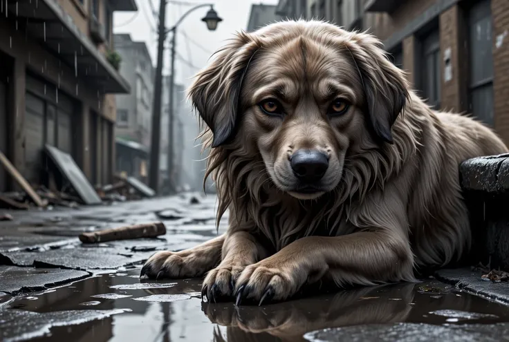 {{A ((raw, emotional)) depiction of {((a lone stray dog curled under a flickering streetlamp, rain falling heavily around it))}}} with {((the dog’s fur matted and its gaze lowered toward a puddle that reflects its weary face))}. This is a {((modern sketch ...