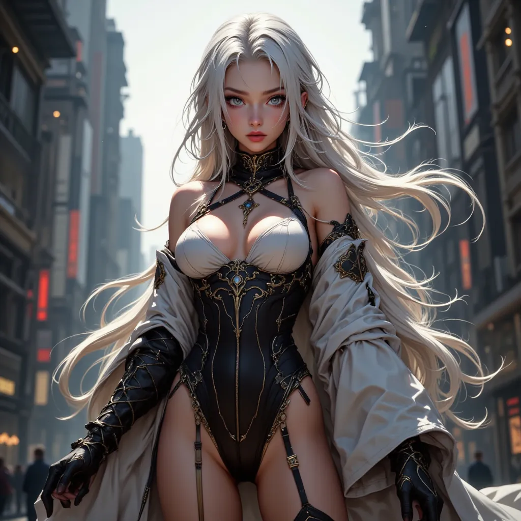 ( masterpiece,  super detailed ,  envelope,  clear focus, shadow, anime style,  Ultra High Resolution , 8k, perfect anatomy, perfect face, ( detailed face ), ( detailed eyes ),  anime girl with long white hair,   in a tight and seductive corset that combin...