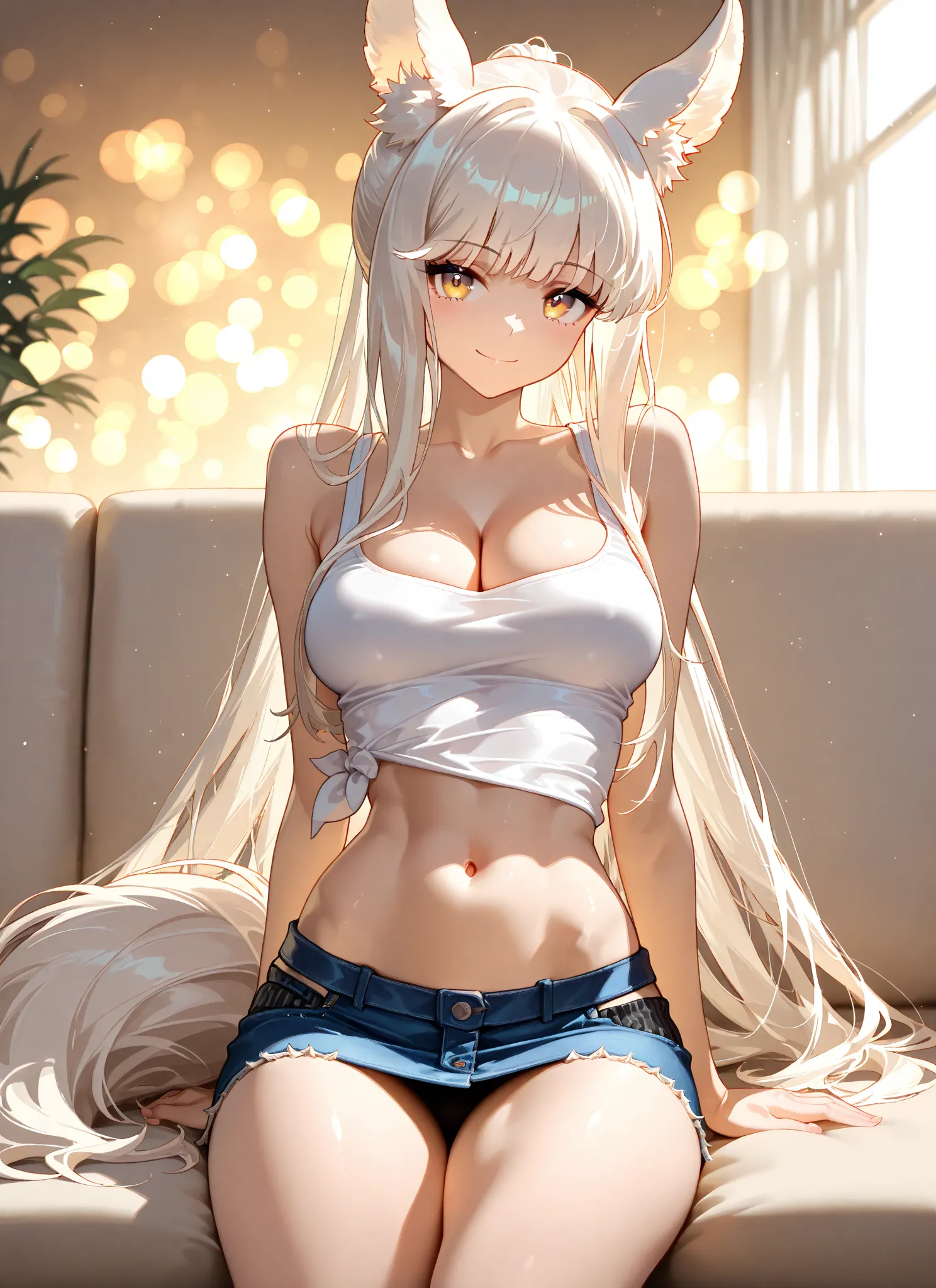 {{super detail, best quality, anatomically correct, high quality, high details, highres, masterpiece, best quality}}, masterpiece, best quality, solo, 1girl, platinum_\(arknights\), yellow eyes, white hair, horse tail, long hair, miniskirt, denim skirt, mi...